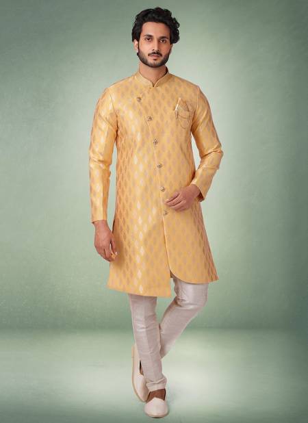 Yellow New Exclusive Wedding Wear Jacquard Banarasi Brocade Indo Western Mens Collection 1091